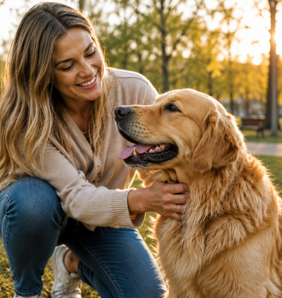 A dog owner kneeling beside her golden retriever in the park